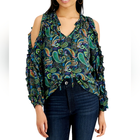 willow drive Tops - WILLOW DRIVE SHIRT WOMENS OVERSIZED XS GREEN PAISLEY COLD SHOULDER BLOUSE TOP
